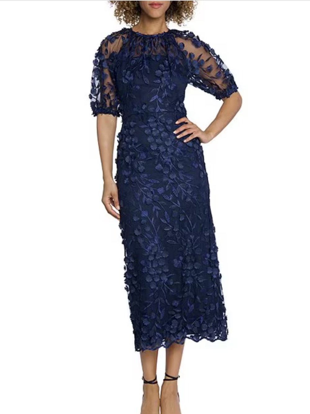 NWT Maggy London Illusion Neck 3D Petal Appliqué Mesh Midi Sheath Dress Size 16